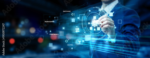 Businessman pointing at network administration technology on futuristic digital interface screen, IT infrastructure management, server monitoring system, enterprise connectivity concept