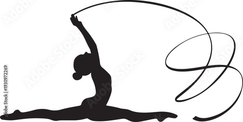A rhythmic gymnast performs a split while gracefully swirling a long ribbon in an elegant pose