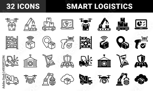 Smart logistics and automated warehouse management symbols featuring hybrid designs of industrial robots drones and digital supply chain tracking