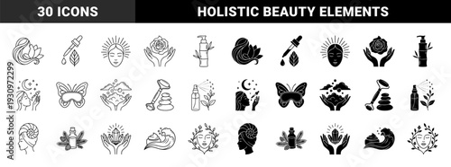 Skincare and wellness line art symbols merging botanical elements with human silhouettes and celestial bodies in minimalist dual outline and solid styles