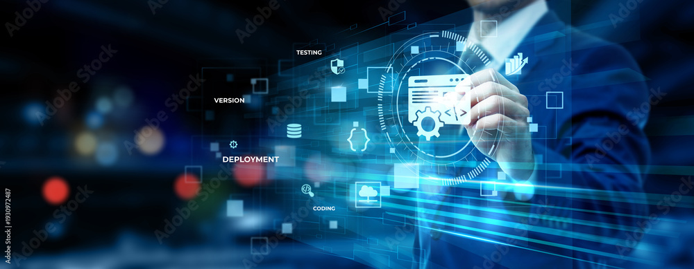 Fototapeta premium Businessman pointing at software development technology on futuristic digital interface screen, coding platform, application design system, IT solution innovation concept
