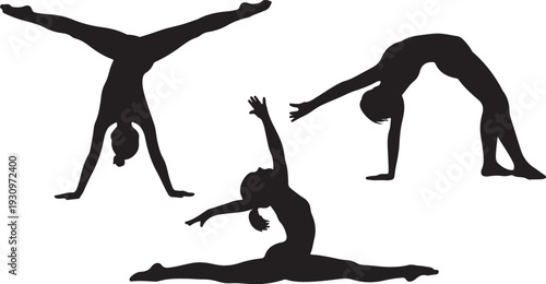 Collection of human figures demonstrating diverse gymnastic and dance poses with impressive flexibility