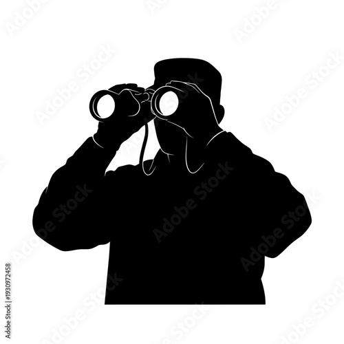 Silhouette of a person using binoculars for birdwatching hobby and outdoor exploration.