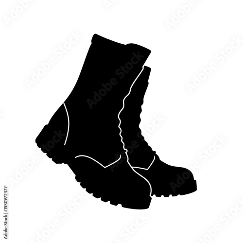 Pair of black rugged hiking boots displayed as a standalone silhouette against a white background.