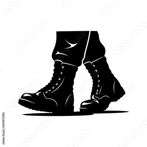 Silhouette of rugged black boots in motion, captured mid-stride on a street.