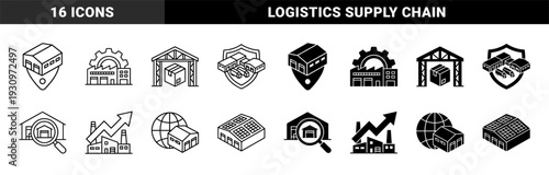 Logistics and industrial warehouse hybrid icons featuring storage buildings merged with global maps location pins magnifying glasses and gears