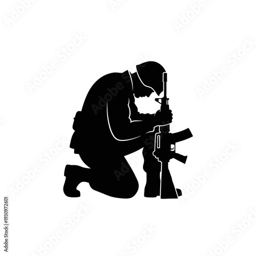 Kneeling photographer silhouette capturing a moment with camera gear.