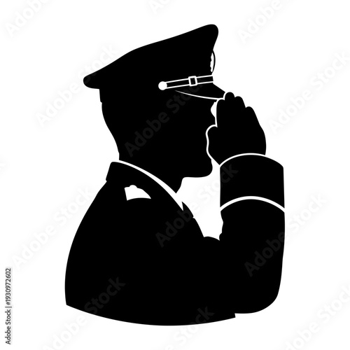 Silhouette of a naval officer saluting in uniform against a plain background.