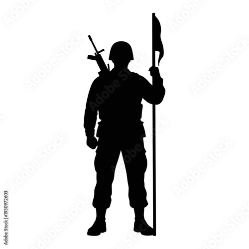Silhouette of an armed soldier standing with rifle and spear against a white background.