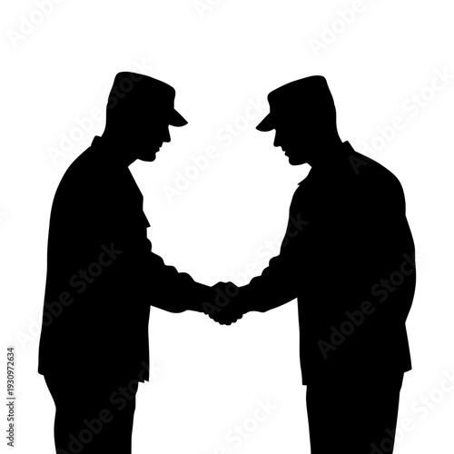 Two silhouetted figures in caps shake hands in a formal agreement scene.