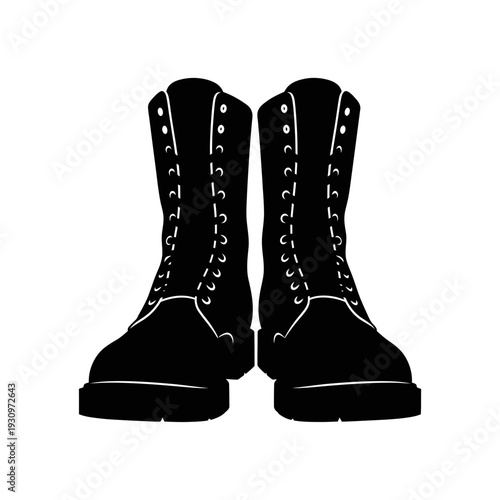 Front view of black lace-up combat boots with rugged sole and sturdy construction.