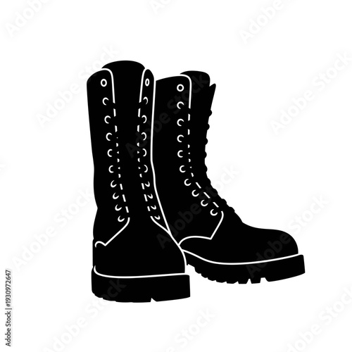 Pair of tall black leather lace-up combat boots standing together with rugged silhouette.
