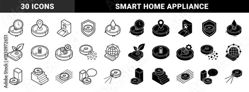 Smart robotic vacuum cleaner isometric linear and solid icons featuring hybrid symbols for scheduling navigation pet care and home maintenance