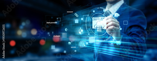 Businessman pointing at web hosting technology on futuristic digital interface screen, server management system, cloud hosting solution, website infrastructure platform concept