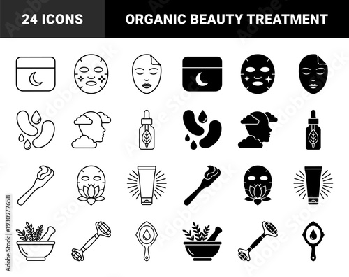 Skincare and holistic wellness symbols featuring hybrid botanical facial masks night cream jars herbal mortars and aromatic rose mist spray bottles