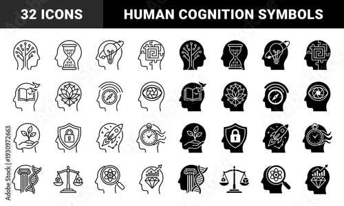 Collection of minimalist human profile heads featuring hybrid metaphors for cognitive functions intelligence and psychological concepts in outline and solid styles