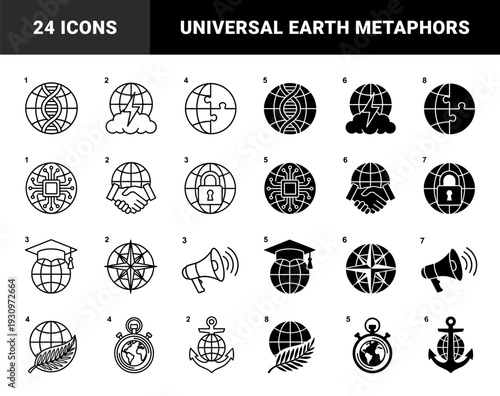 Global conceptual symbols merging earth globe spheres with diverse industry metaphors including DNA helix lightning bolt puzzle pieces and nautical anchor