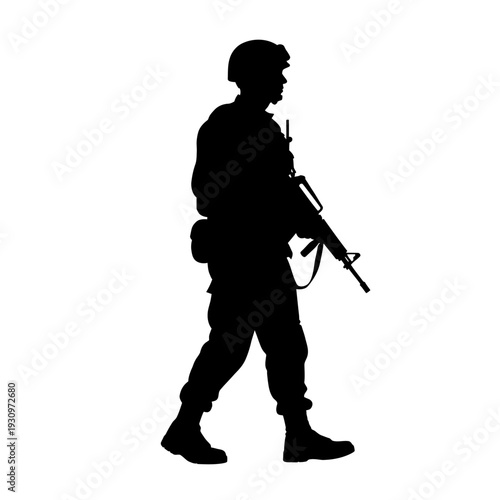 Silhouette of armed soldier walking with rifle in action scene.
