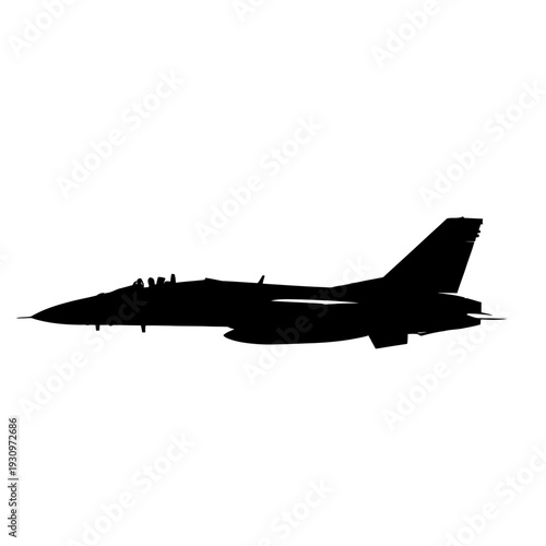 Silhouette of a sleek fighter jet flying at high speed against white background.