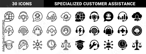 Professional customer service and specialized support hybrid icons merging communication headsets with legal medical technical and global symbols