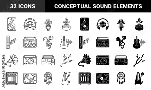 Abstract Audio Hybrid Design Elements Combining Music Equipment with Nature and Surrealism in Outline and Solid Minimalist Graphic Style