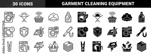 Laundry service and garment care icons featuring hybrid symbols of washing machines with eco leaves power bolts and smart device connectivity
