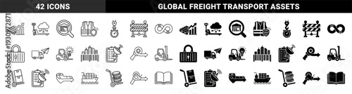Logistics and supply chain management icons featuring hybrid symbols like pallet charts cloud pallet jacks and barcode city skylines in outline and glyph styles