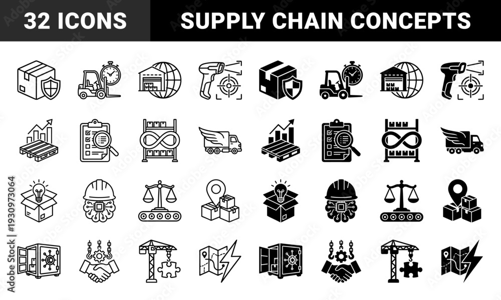 Fototapeta premium Logistics and supply chain management hybrid icons featuring industrial equipment merged with conceptual symbols like lightning bolts and gears