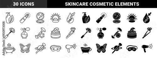 Luxury beauty and wellness hybrid icons featuring cosmetic products merged with nature elements like butterflies lotus flowers and celestial orbits