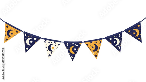 A festive bunting with celestial-themed triangular flags hanging from a string, showcasing a mix of dark blue and orange hues, with moon and stars illustrations.