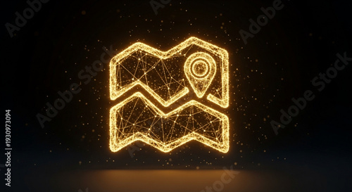 Futuristic Glowing Golden Digital Map and Location Pin Icons