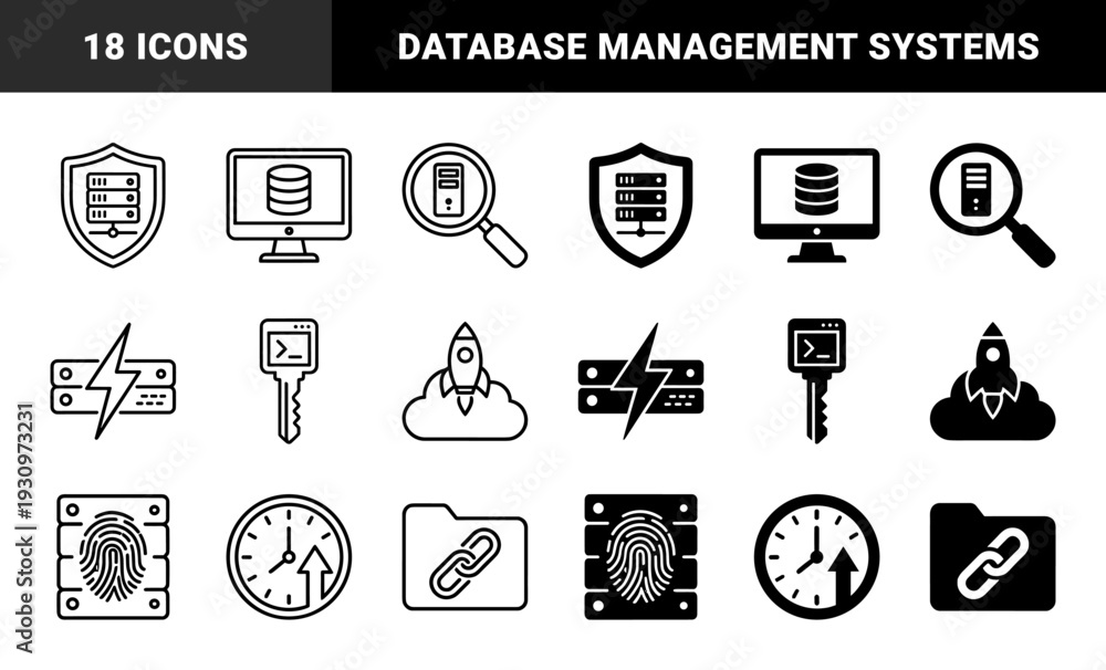 Fototapeta premium Data Management and Cybersecurity Hybrid Icons Featuring Shielded Servers Database Monitoring Terminal Keys and Biometric Fingerprint Access Nodes