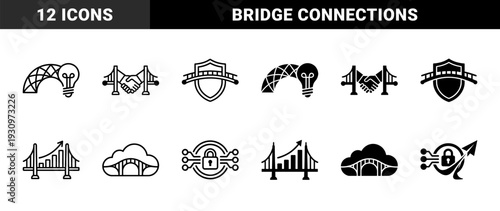 Hybrid bridge icons merging infrastructure with business growth symbols like lightbulb light bulb handshake shield bar chart cloud lock and gear