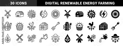 Hybrid agricultural technology and smart farming symbols merging renewable energy windmill lightbulbs with organic grain and digital data irrigation concepts