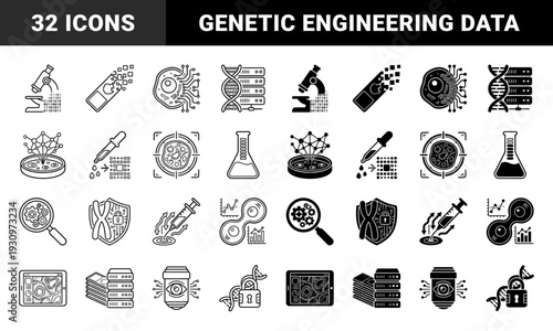 Biotechnology and genetic engineering icon set featuring hybrid symbols of dna strands data servers laboratory flasks and microscopic cells