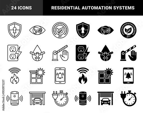 Smart home automation symbols featuring hybrid integration of security sensors climate control energy management and automated residential monitoring systems
