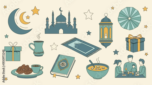 Celebrating Ramadan with traditional food, prayer, and gift-giving under starry night sky with mosque silhouette