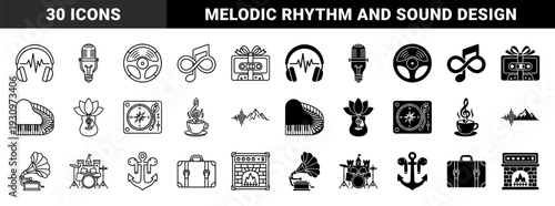 Creative hybrid music and audio symbols merging musical instruments with lifestyle objects like coffee cups lightbulbs and nature elements in linear and solid styles