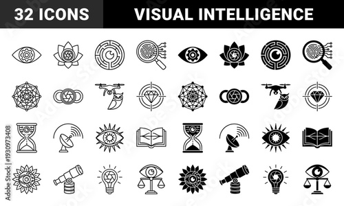 Surveillance and observation hybrid icons merging human anatomy with optical technology including aperture eyes lotus lenses and biometric data symbols