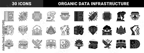 Black and white hybrid data center icons merging server hardware with organic elements like roots clouds brain and power plants in dual style