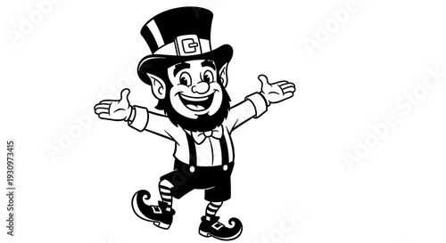 Cheerful leprechaun character in black and white line art style celebrating saint patricks day with open arms