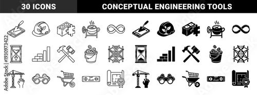 Construction and engineering hybrid icons featuring masonry puzzle blocks, crane hand lifting, hard hat sprout growth, and dna scaffolding structures