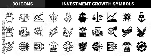 Hybrid financial and security icons featuring metaphorical combinations like piggy bank lotus balance plant anchor lock and globe circuit motifs