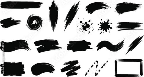 Collection of diverse black ink brush strokes, smudges, splatters, and grunge shapes