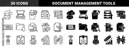 Office Printing and Document Management Icons Featuring Hybrid Designs for Cloud Computing Data Security Shredding and Eco Friendly Paper Processing