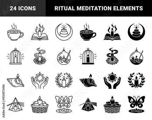 Hybrid conceptual icons merging ritual candles with spiritual symbols like lotus flowers seashells prisms and zen gardens in linear and solid styles