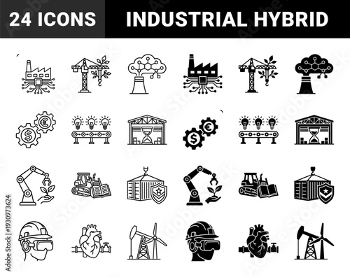 Industrial hybrid concepts featuring factory circuit boards construction cranes with leaves and robotic arms nurturing plants in outline and solid styles