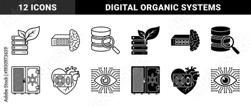 Hybrid technology and biological data storage icons featuring server blades with leaves human brain network switches heart power supplies and ocular circuit boards