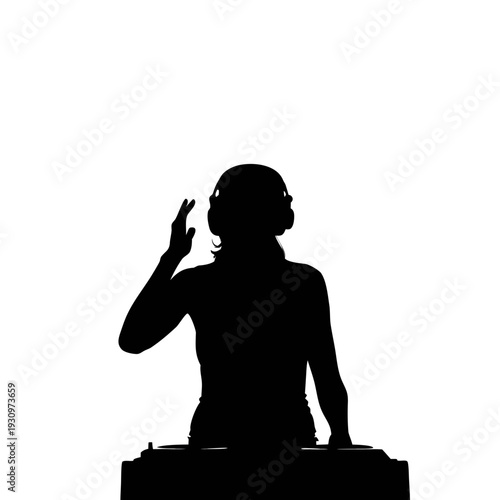 DJ performing on turntables with confident gesture