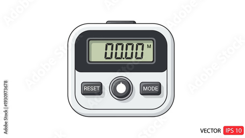 A digital stopwatch displays 0000 on its screen, featuring reset and mode buttons, depicted in a vector illustration.